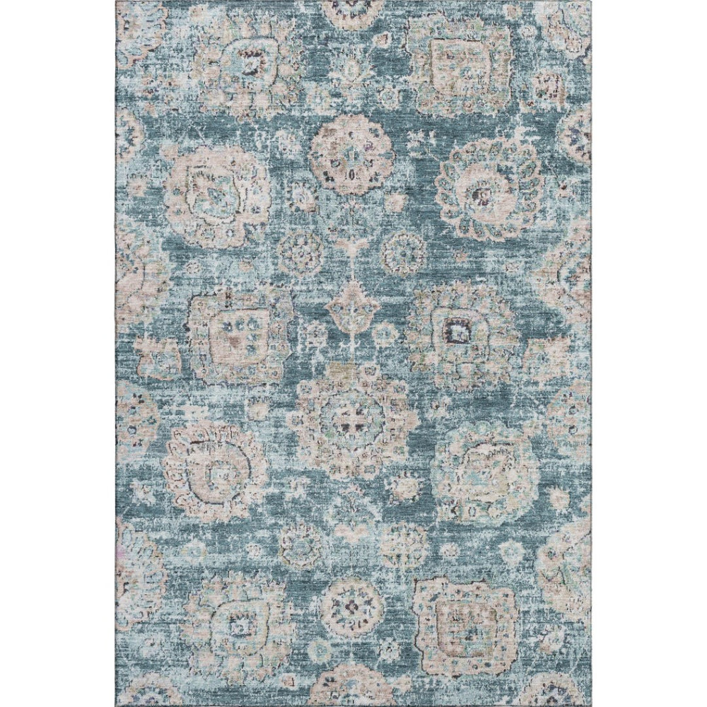 HomeRoots 9' X 12' Teal And Beige Floral Area Rug – Durable, Washable, UV-Protected for High-Traffic Spaces! 653229