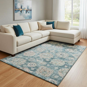 HomeRoots 10' X 14' Teal and Beige Floral Area Rug - Washable, UV Protected, Stain-Resistant, Family-Friendly Design 653230