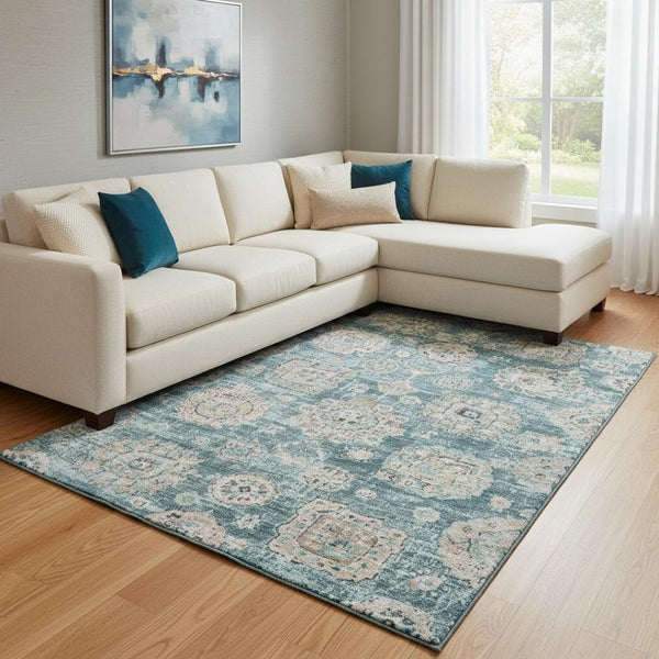 HomeRoots 10' X 14' Teal and Beige Floral Area Rug - Washable, UV Protected, Stain-Resistant, Family-Friendly Design 653230