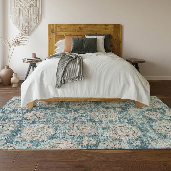 HomeRoots 10' X 14' Teal and Beige Floral Area Rug - Washable, UV Protected, Stain-Resistant, Family-Friendly Design 653230