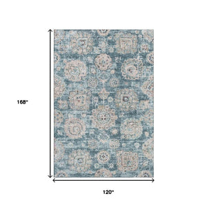 HomeRoots 10' X 14' Teal and Beige Floral Area Rug - Washable, UV Protected, Stain-Resistant, Family-Friendly Design 653230