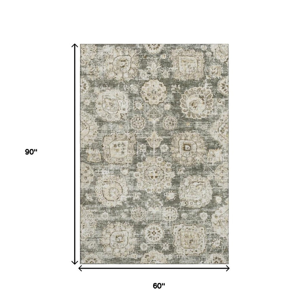 HomeRoots 5' X 8' Floral Area Rug in Taupe & Beige – Washable, Stain-Resistant with UV Protection for Durability 653232