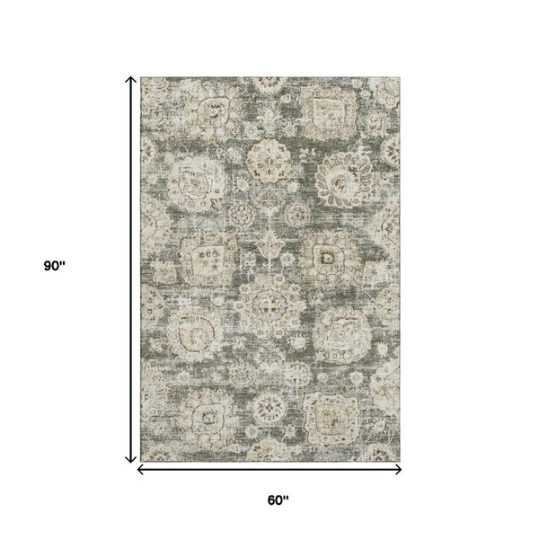 HomeRoots 5' X 8' Floral Area Rug in Taupe & Beige – Washable, Stain-Resistant with UV Protection for Durability 653232