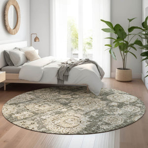 HomeRoots 8' Washable Taupe and Beige Floral Round Rug with UV Protection for Elegant Everyday Living 653233