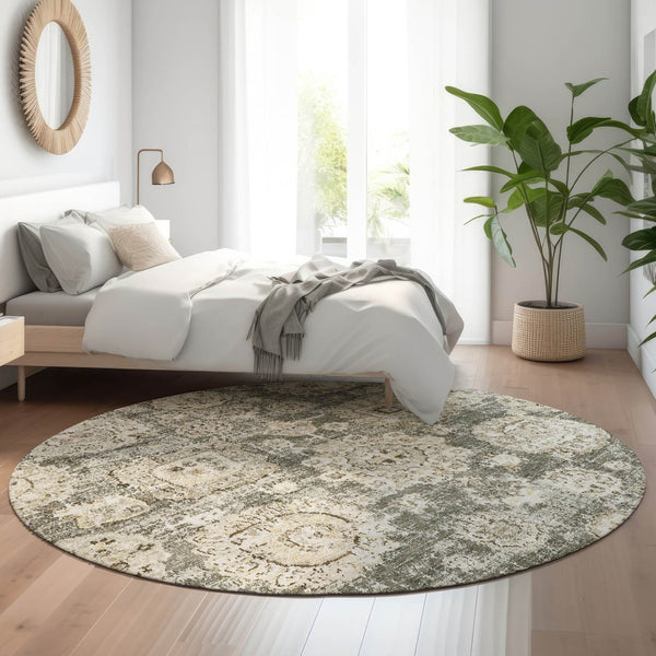 HomeRoots 8' Washable Taupe and Beige Floral Round Rug with UV Protection for Elegant Everyday Living 653233