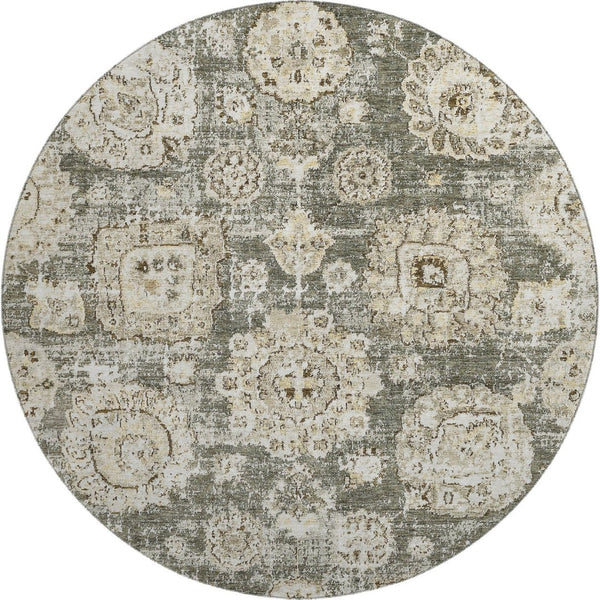HomeRoots 8' Washable Taupe and Beige Floral Round Rug with UV Protection for Elegant Everyday Living 653233