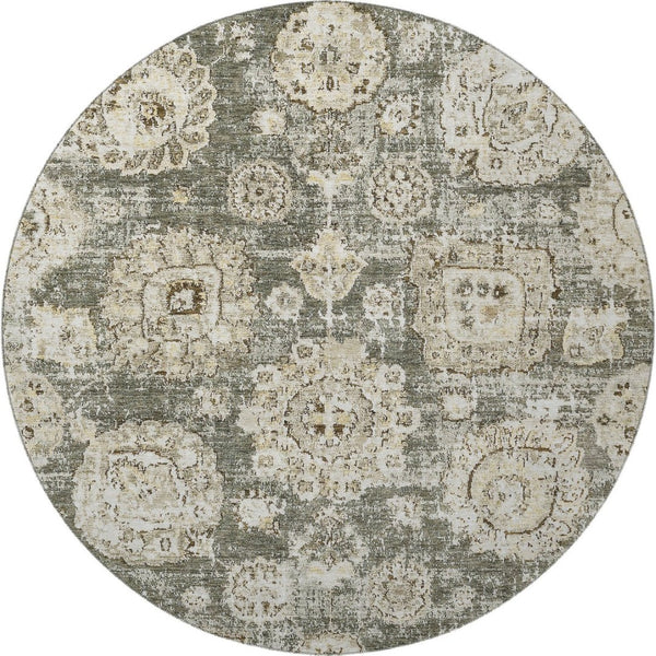 HomeRoots 8' Washable Taupe and Beige Floral Round Rug with UV Protection for Elegant Everyday Living 653233