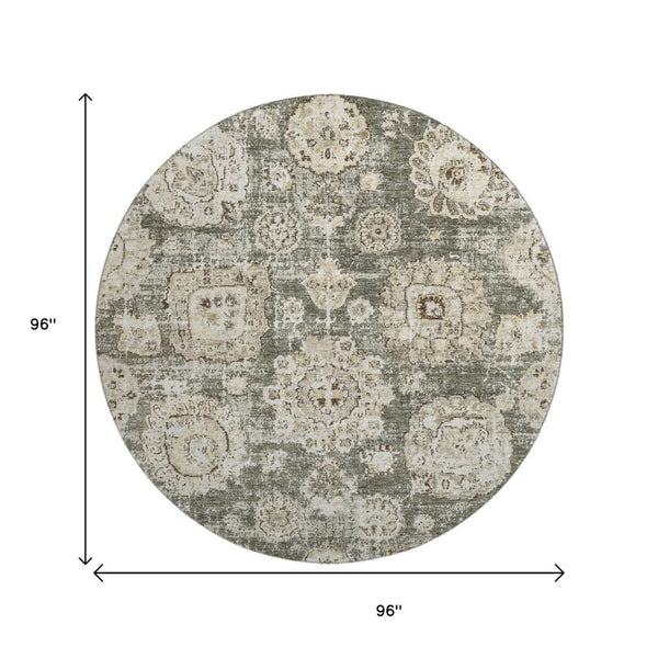 HomeRoots 8' Washable Taupe and Beige Floral Round Rug with UV Protection for Elegant Everyday Living 653233
