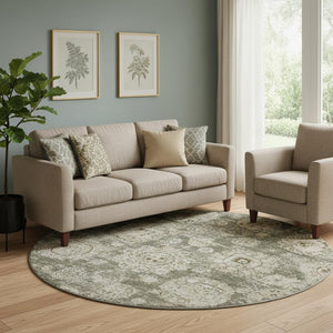 HomeRoots 8' Washable Taupe and Beige Floral Round Rug with UV Protection for Elegant Everyday Living 653233