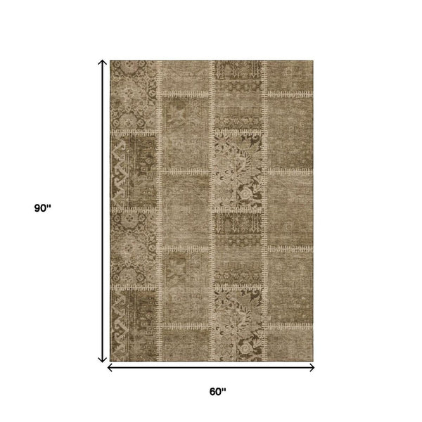 HomeRoots 5' X 8' Brown and Beige Patchwork Area Rug - Durable, Washable, UV Protected for Stylish Living Spaces 653238