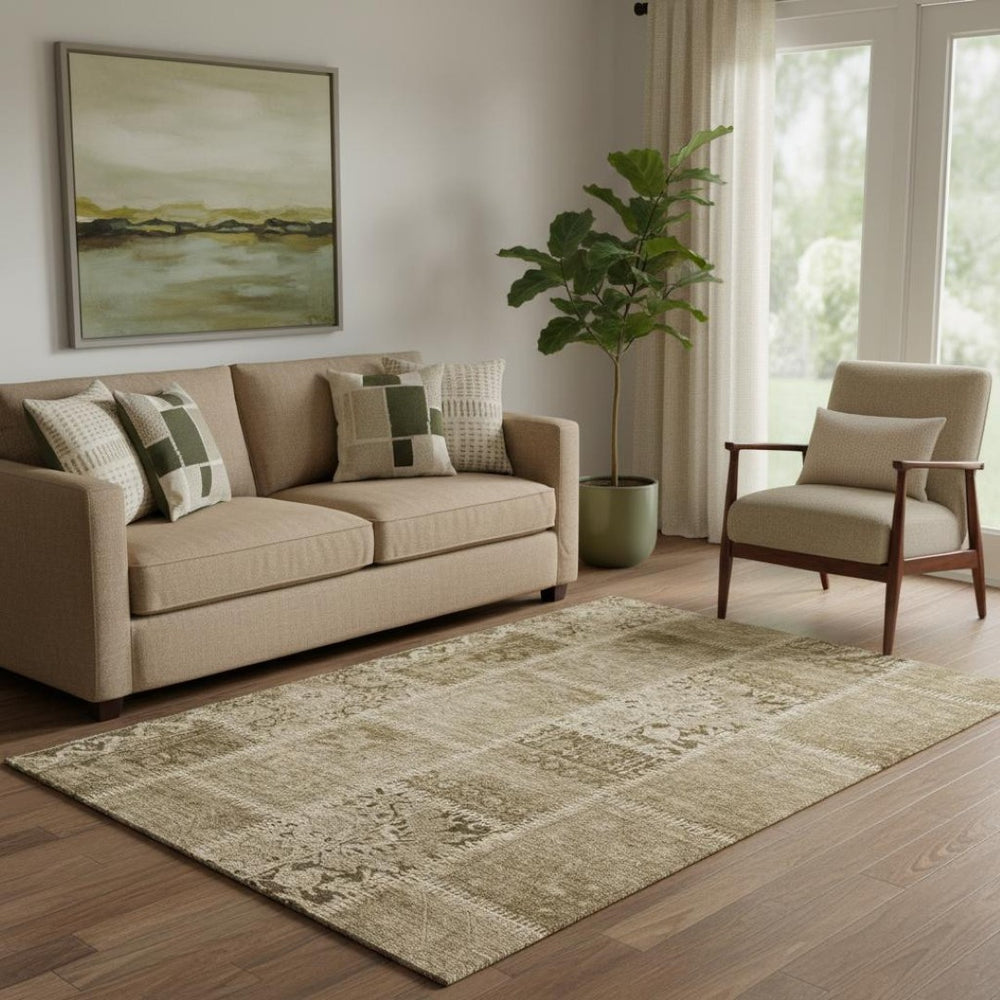 HomeRoots 5' X 8' Brown and Beige Patchwork Area Rug - Durable, Washable, UV Protected for Stylish Living Spaces 653238