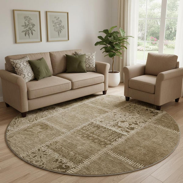 HomeRoots 8' Brown and Beige Patchwork Round Rug - Stylish, Washable, UV-Protected, Soft Polyester for Comfort 653239
