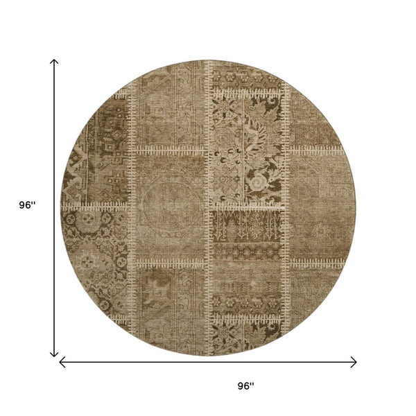 HomeRoots 8' Brown and Beige Patchwork Round Rug - Stylish, Washable, UV-Protected, Soft Polyester for Comfort 653239