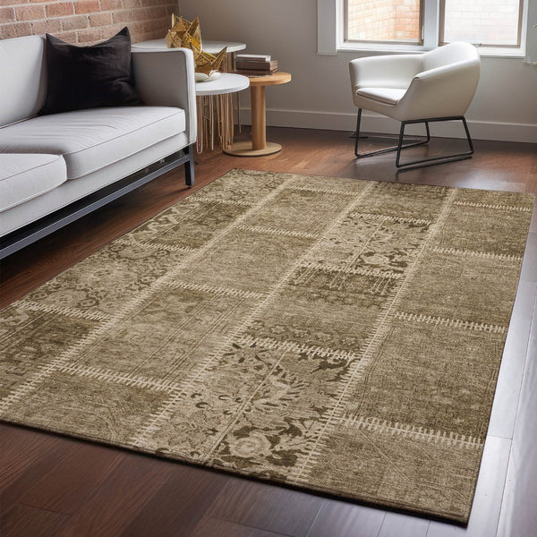 HomeRoots 8' X 10' Brown and Beige Patchwork Area Rug - Washable, UV Protected, Perfect for High-Traffic Homes! 653240
