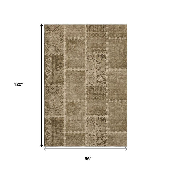 HomeRoots 8' X 10' Brown and Beige Patchwork Area Rug - Washable, UV Protected, Perfect for High-Traffic Homes! 653240