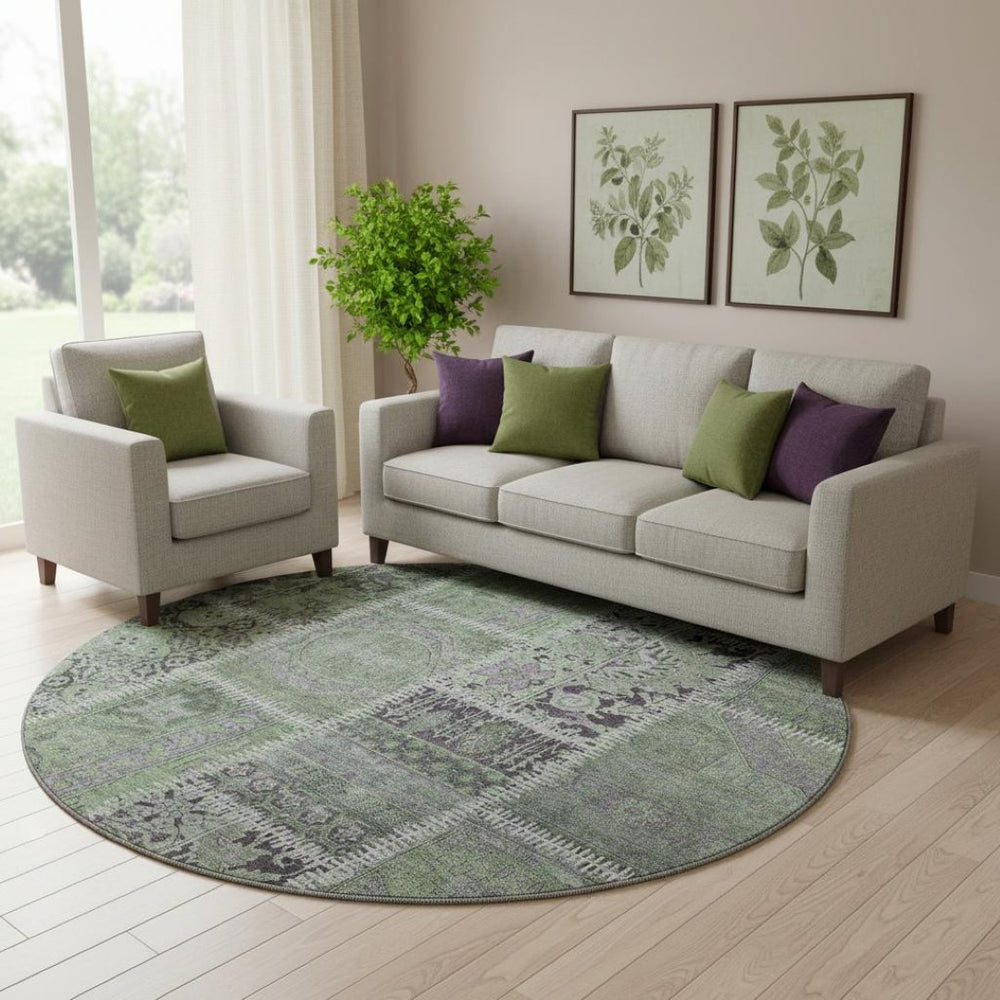 HomeRoots 8' Green and Purple Patchwork Round Rug - Durable, Stain-Resistant with UV Protection for Homes 653245