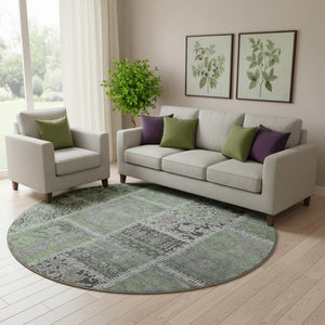 HomeRoots 8' Green and Purple Patchwork Round Rug - Durable, Stain-Resistant with UV Protection for Homes 653245