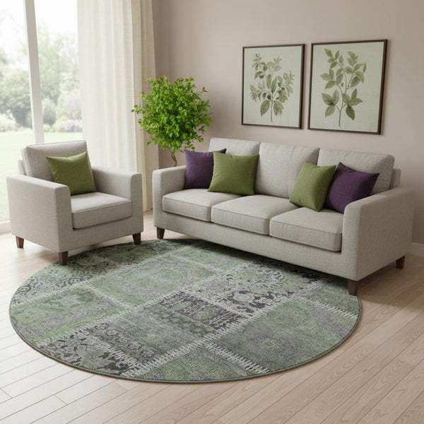 HomeRoots 8' Green and Purple Patchwork Round Rug - Durable, Stain-Resistant with UV Protection for Homes 653245