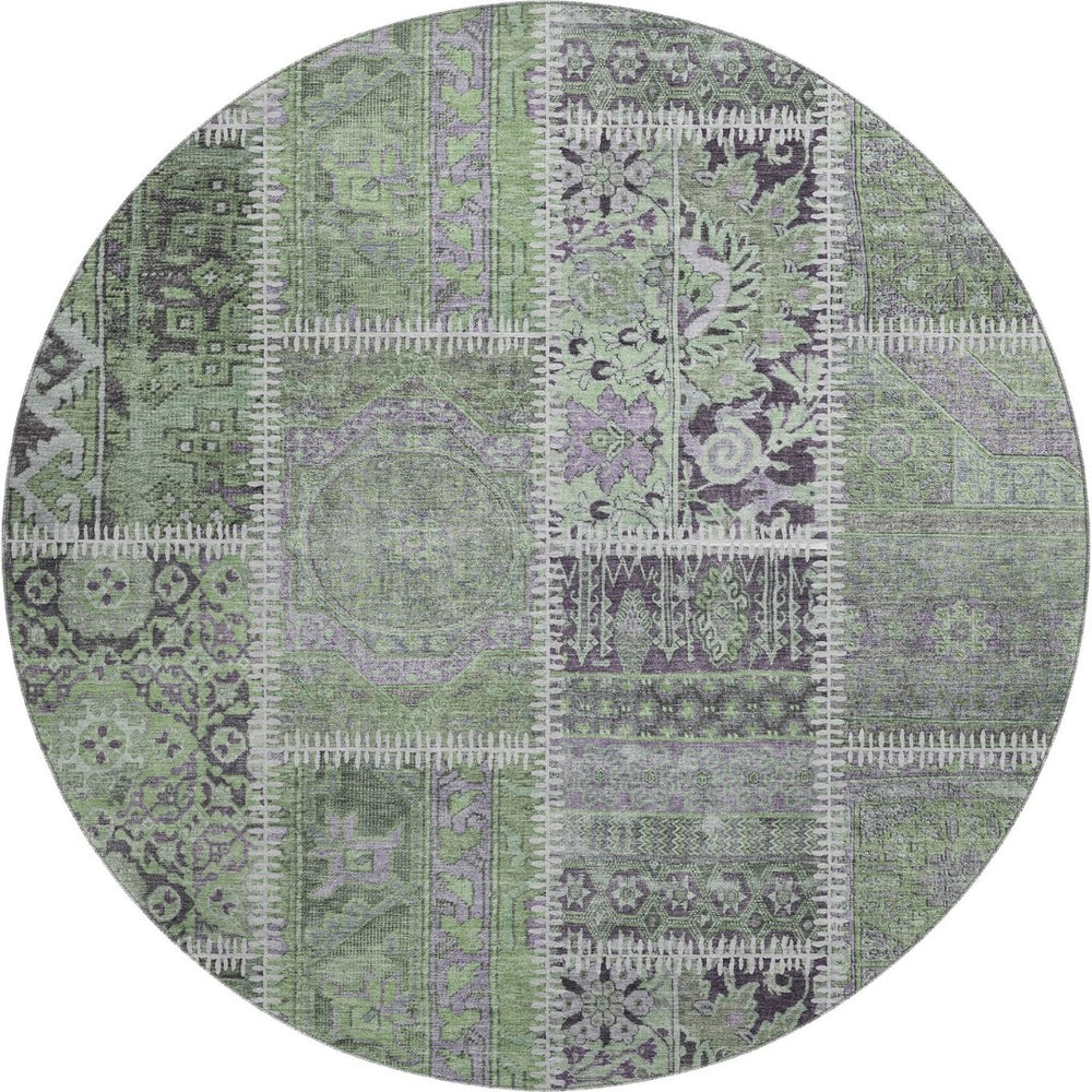 HomeRoots 8' Green and Purple Patchwork Round Rug - Durable, Stain-Resistant with UV Protection for Homes 653245