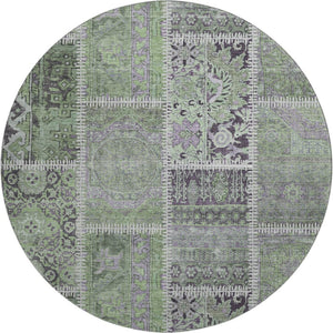HomeRoots 8' Green and Purple Patchwork Round Rug - Durable, Stain-Resistant with UV Protection for Homes 653245