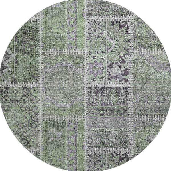 HomeRoots 8' Green and Purple Patchwork Round Rug - Durable, Stain-Resistant with UV Protection for Homes 653245