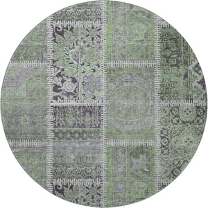 HomeRoots 8' Green and Purple Patchwork Round Rug - Durable, Stain-Resistant with UV Protection for Homes 653245