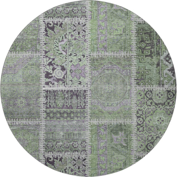 HomeRoots 8' Green and Purple Patchwork Round Rug - Durable, Stain-Resistant with UV Protection for Homes 653245