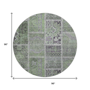 HomeRoots 8' Green and Purple Patchwork Round Rug - Durable, Stain-Resistant with UV Protection for Homes 653245
