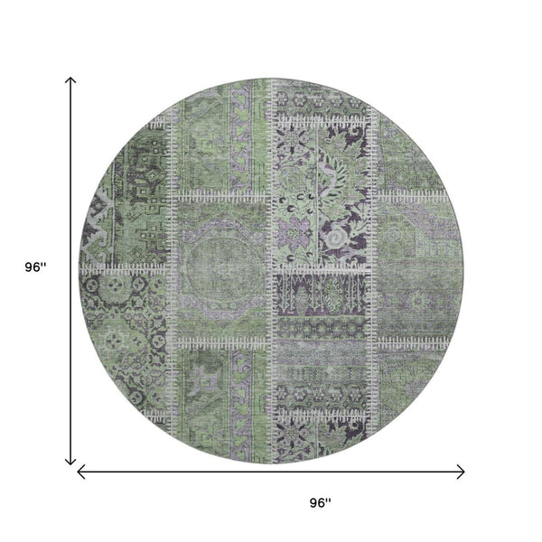 HomeRoots 8' Green and Purple Patchwork Round Rug - Durable, Stain-Resistant with UV Protection for Homes 653245