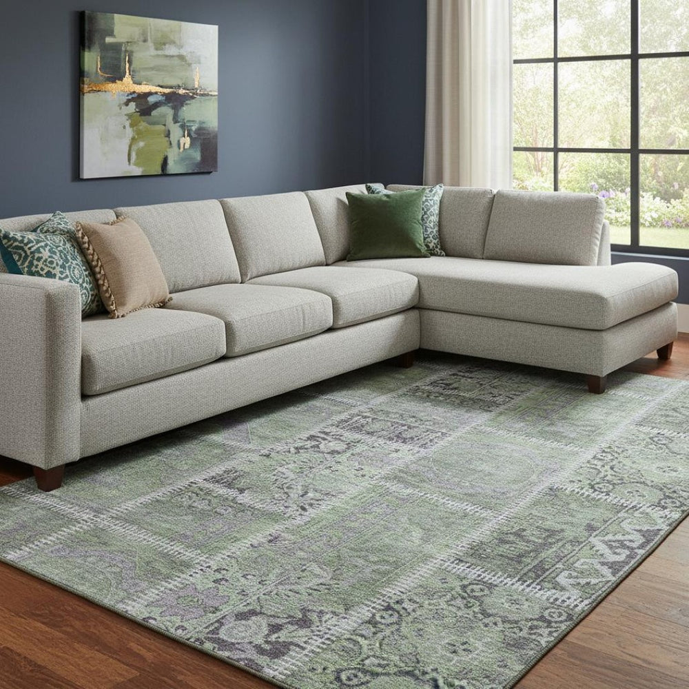 HomeRoots 9' X 12' Colorful Green & Purple Patchwork Area Rug - Washable, UV-Protected, Stain-Resistant Comfort 653247