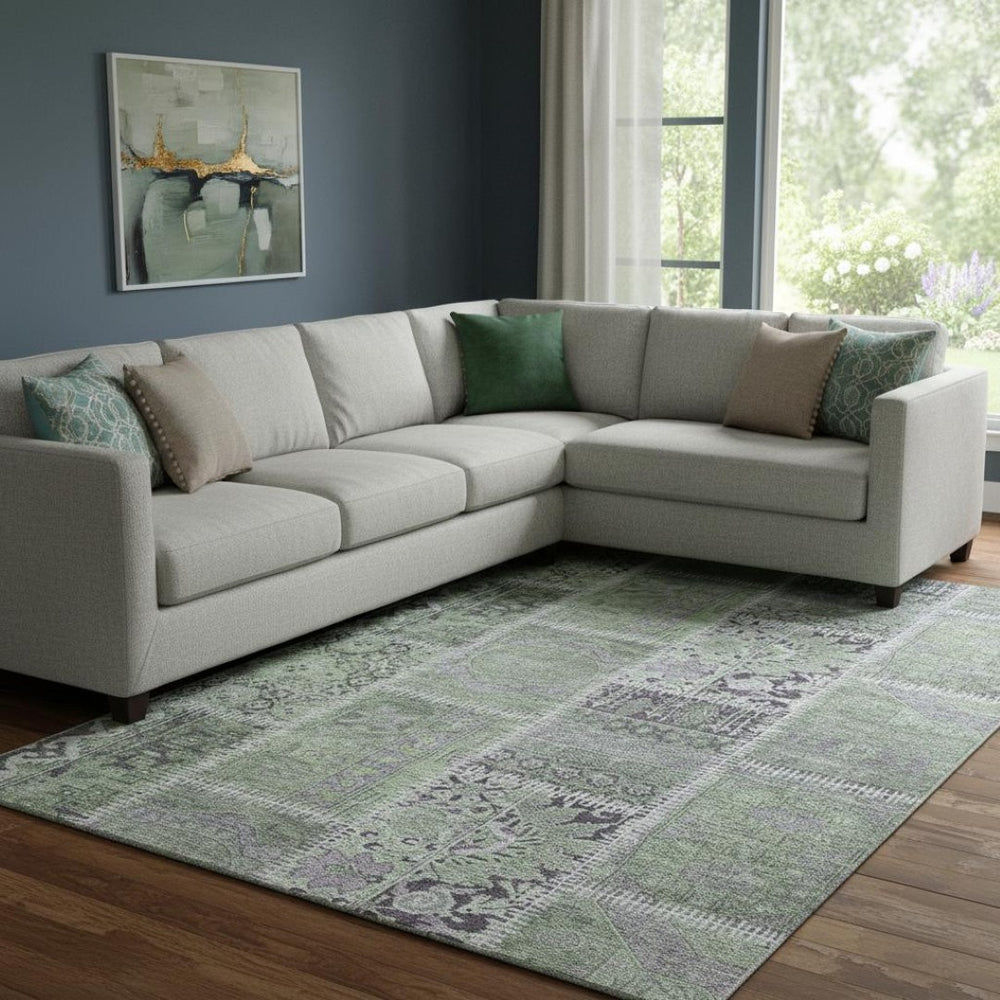 HomeRoots 10' Green and Purple Patchwork Washable Area Rug - UV Protected, Stain Resistant for High Traffic Areas 653248