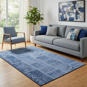 HomeRoots 5' X 8' Navy Blue & Ivory Patchwork Washable Area Rug – Durable, Stain-Resistant, UV Protected! 653250