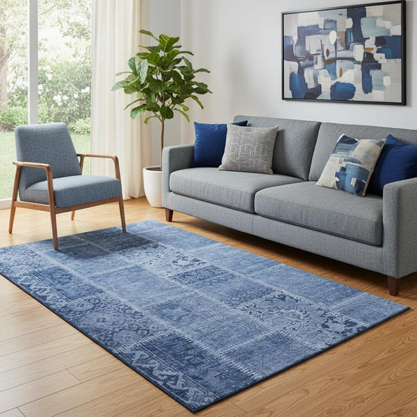 HomeRoots 5' X 8' Navy Blue & Ivory Patchwork Washable Area Rug – Durable, Stain-Resistant, UV Protected! 653250
