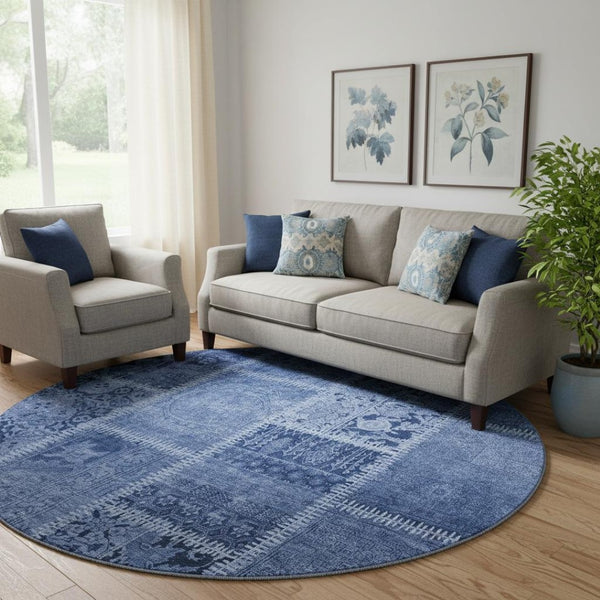 HomeRoots 8' Navy Blue & Ivory Patchwork Round Rug - Soft, Washable, UV Protected for Indoor & Outdoor Use 653251