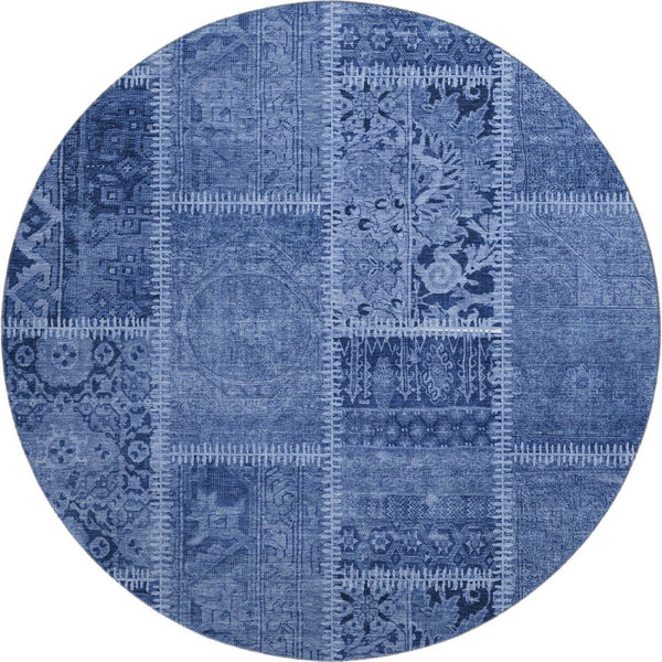 HomeRoots 8' Navy Blue & Ivory Patchwork Round Rug - Soft, Washable, UV Protected for Indoor & Outdoor Use 653251