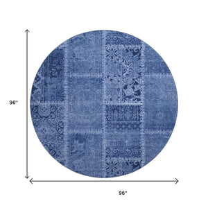 HomeRoots 8' Navy Blue & Ivory Patchwork Round Rug - Soft, Washable, UV Protected for Indoor & Outdoor Use 653251