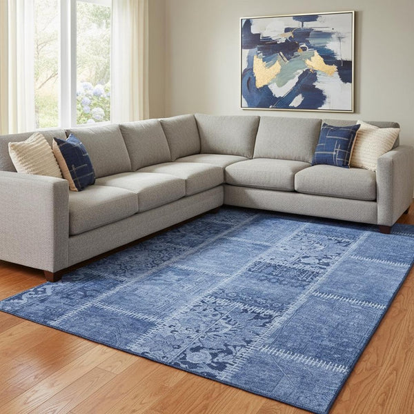 HomeRoots 10' X 14' Navy Blue Ivory Patchwork Area Rug - Durable, Washable, UV-Protected for Busy Homes 653254