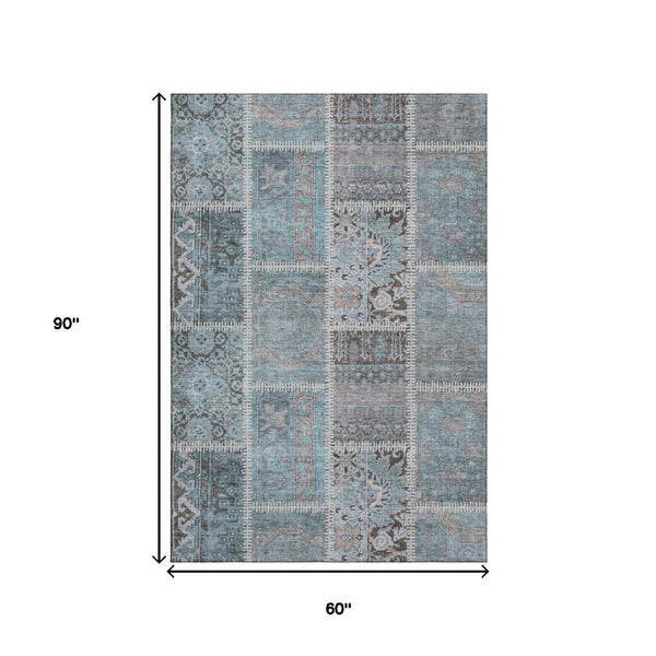 HomeRoots 5' X 8' Stylish Teal & Beige Patchwork Area Rug - Washable, UV Protected, Ideal for Kids & Pets! 653256
