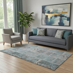 HomeRoots 5' X 8' Stylish Teal & Beige Patchwork Area Rug - Washable, UV Protected, Ideal for Kids & Pets! 653256