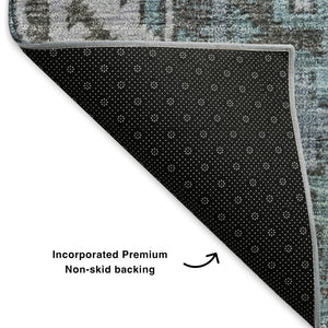 HomeRoots 8' Teal and Beige Round Patchwork Rug - Washable, UV Protected, Stain Resistant for Stylish Spaces 653257