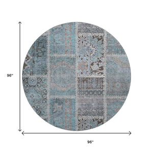 HomeRoots 8' Teal and Beige Round Patchwork Rug - Washable, UV Protected, Stain Resistant for Stylish Spaces 653257