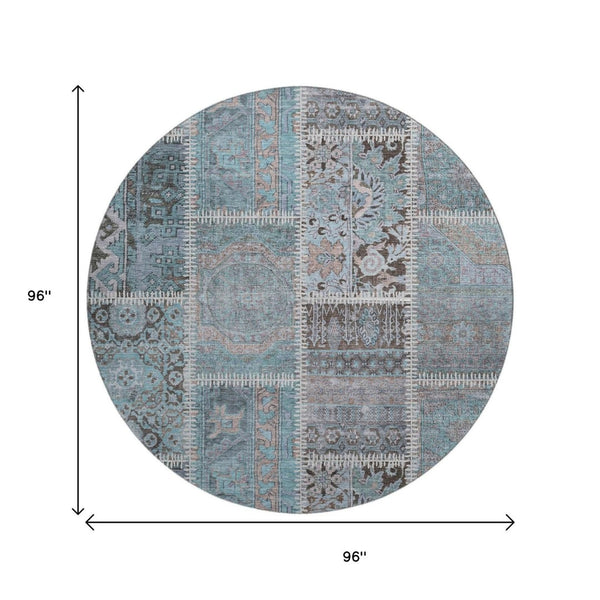 HomeRoots 8' Teal and Beige Round Patchwork Rug - Washable, UV Protected, Stain Resistant for Stylish Spaces 653257