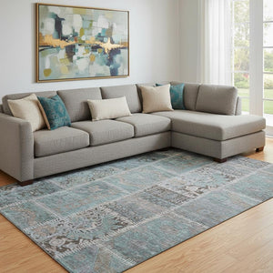 HomeRoots 8' X 10' Teal And Beige Patchwork Area Rug - Washable, Stain-Resistant, UV Protected for Homes 653258