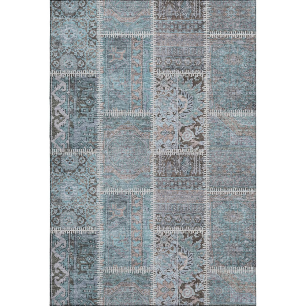 HomeRoots 8' X 10' Teal And Beige Patchwork Area Rug - Washable, Stain-Resistant, UV Protected for Homes 653258