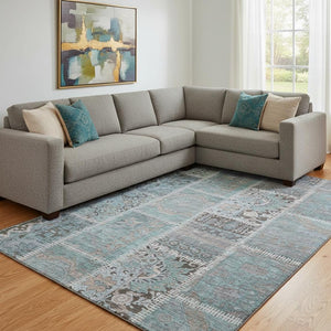 HomeRoots 9' X 12' Teal And Beige Patchwork Washable Area Rug - Durable, UV-Protected, Perfect for Family Spaces! 653259