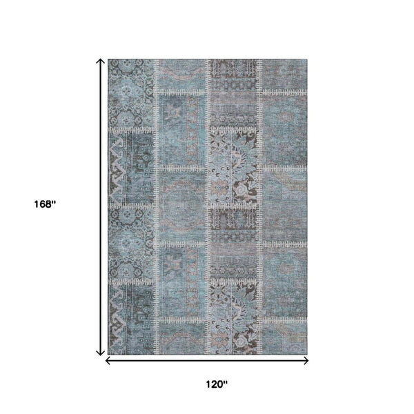 HomeRoots 10' Teal and Beige Patchwork Area Rug - Washable, UV-Protected, Durable for High-Traffic Spaces 653260