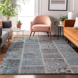 HomeRoots 10' Teal and Beige Patchwork Area Rug - Washable, UV-Protected, Durable for High-Traffic Spaces 653260