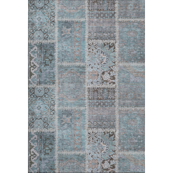 HomeRoots 10' Teal and Beige Patchwork Area Rug - Washable, UV-Protected, Durable for High-Traffic Spaces 653260