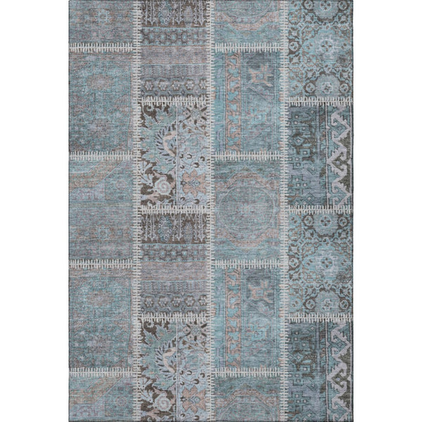 HomeRoots 10' Teal and Beige Patchwork Area Rug - Washable, UV-Protected, Durable for High-Traffic Spaces 653260