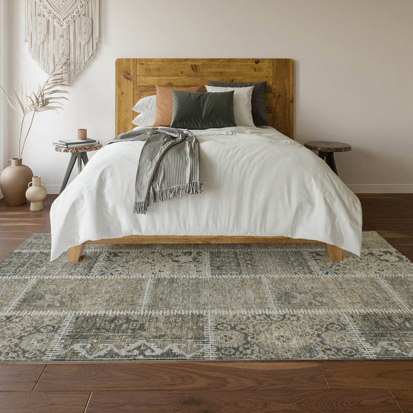 HomeRoots 5' X 8' Washable Taupe and Ivory Patchwork Area Rug with UV Protection and Stain Resistance Features 653262